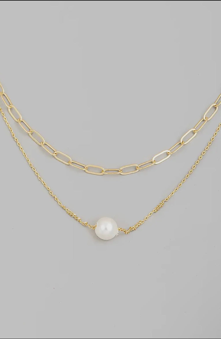 Layered Chain Link Pearl Ball Charm Necklace