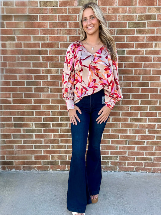 Tara Tan Top with Red & Orange Tulip