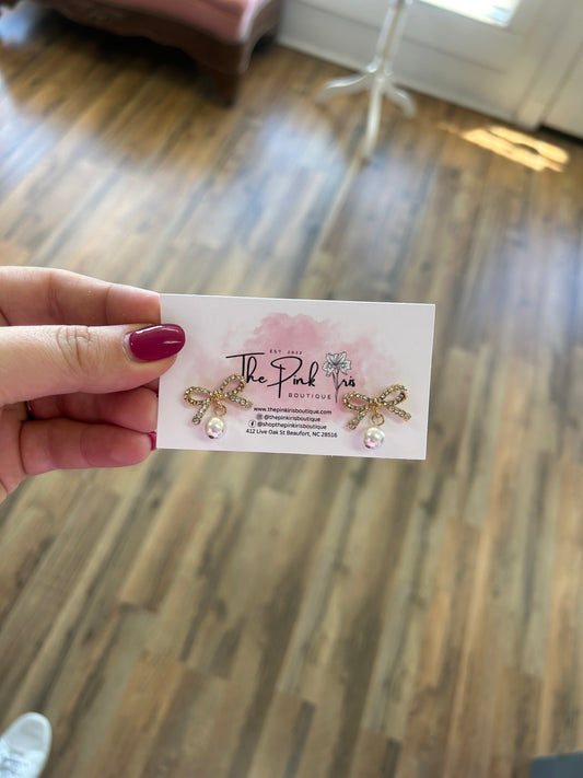 Pave Bow & Pearl Dangle Earrings